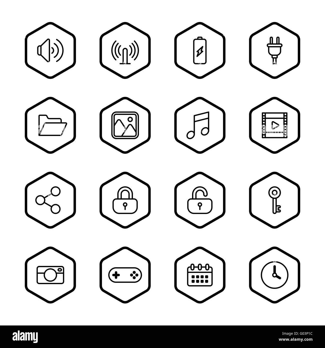 [EPS10] black line web icon set with hexagon frame for web, UI, infographic and mobile apps Stock Vector