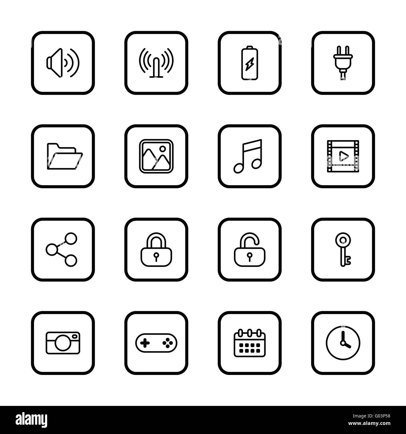 [EPS10] black line web icon set with rounded rectangle frame for web, UI, infographic and mobile apps Stock Vector