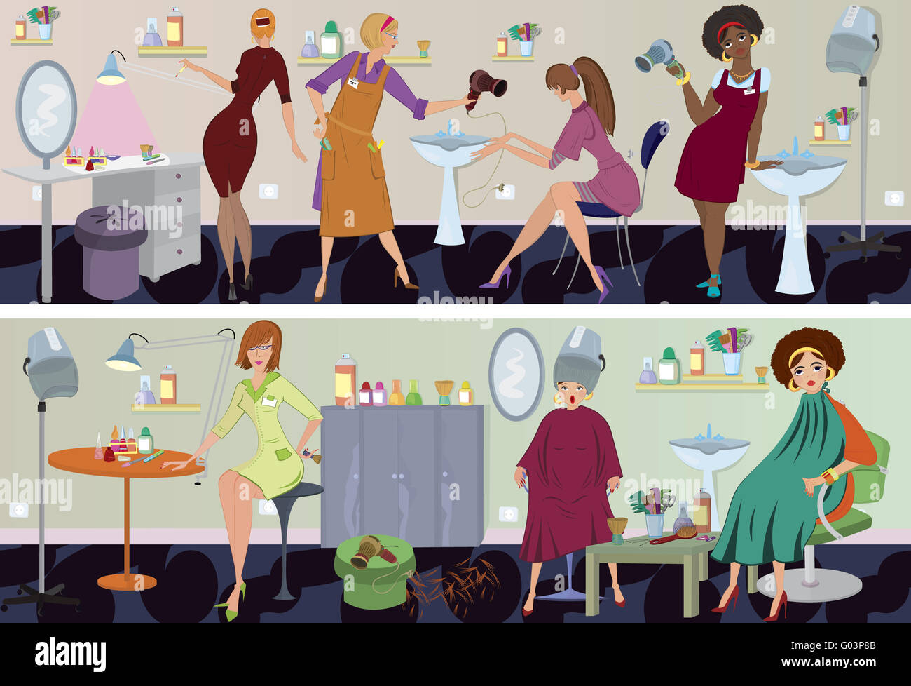 Beauty salon workers and clients in different situations Stock Photo