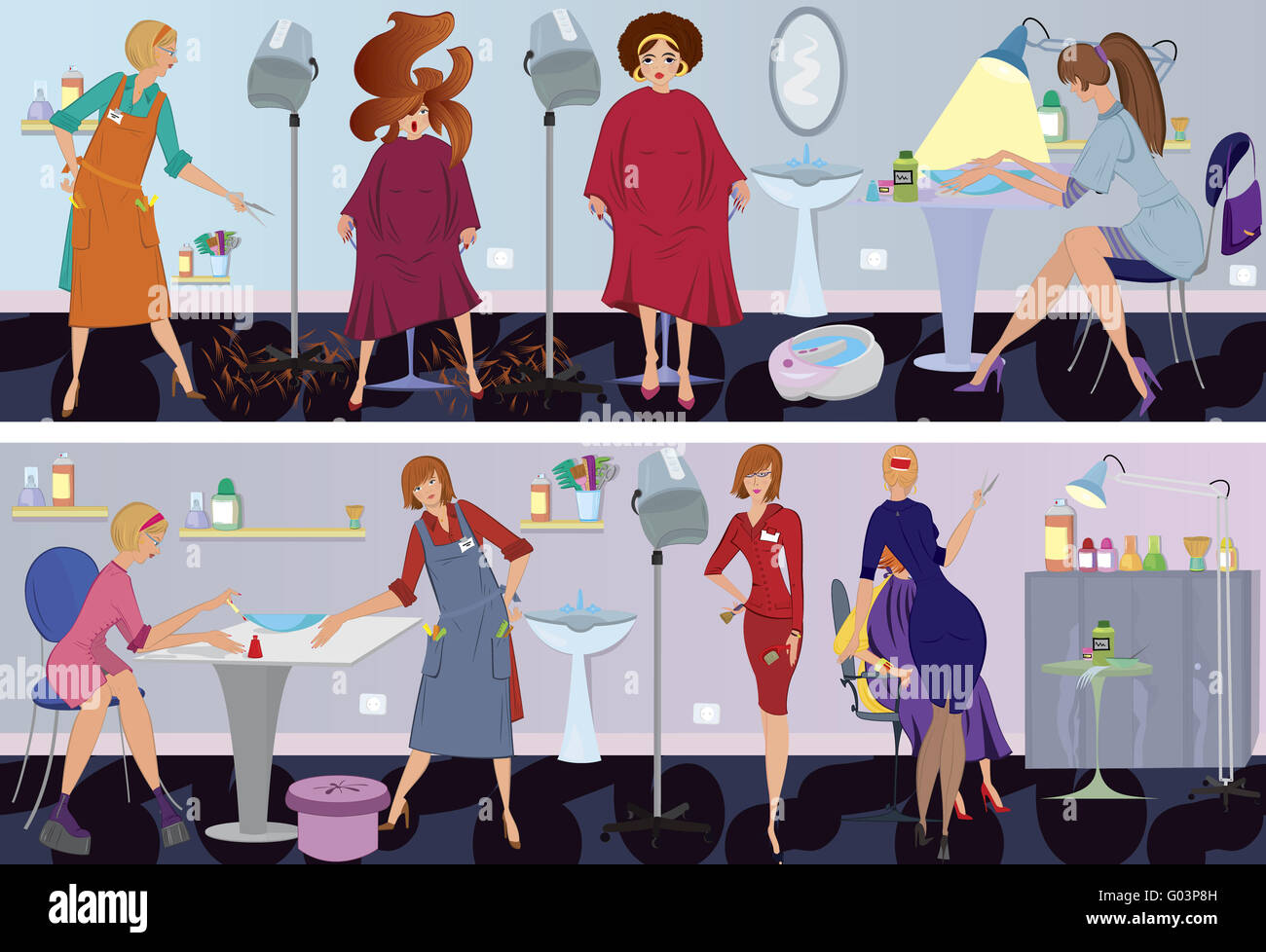 Beauty salon workers and clients in different situations Stock Photo