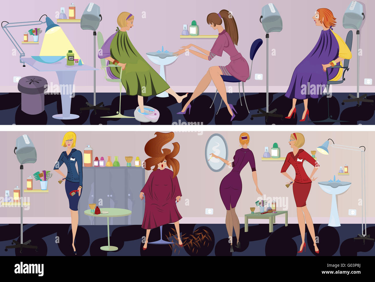 Beauty salon workers and clients in different situations Stock Photo