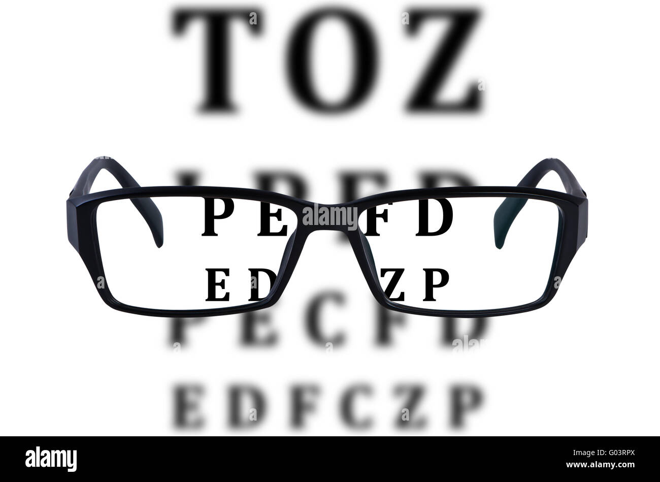 Eye glasses isolated with eye chart background. Stock Photo