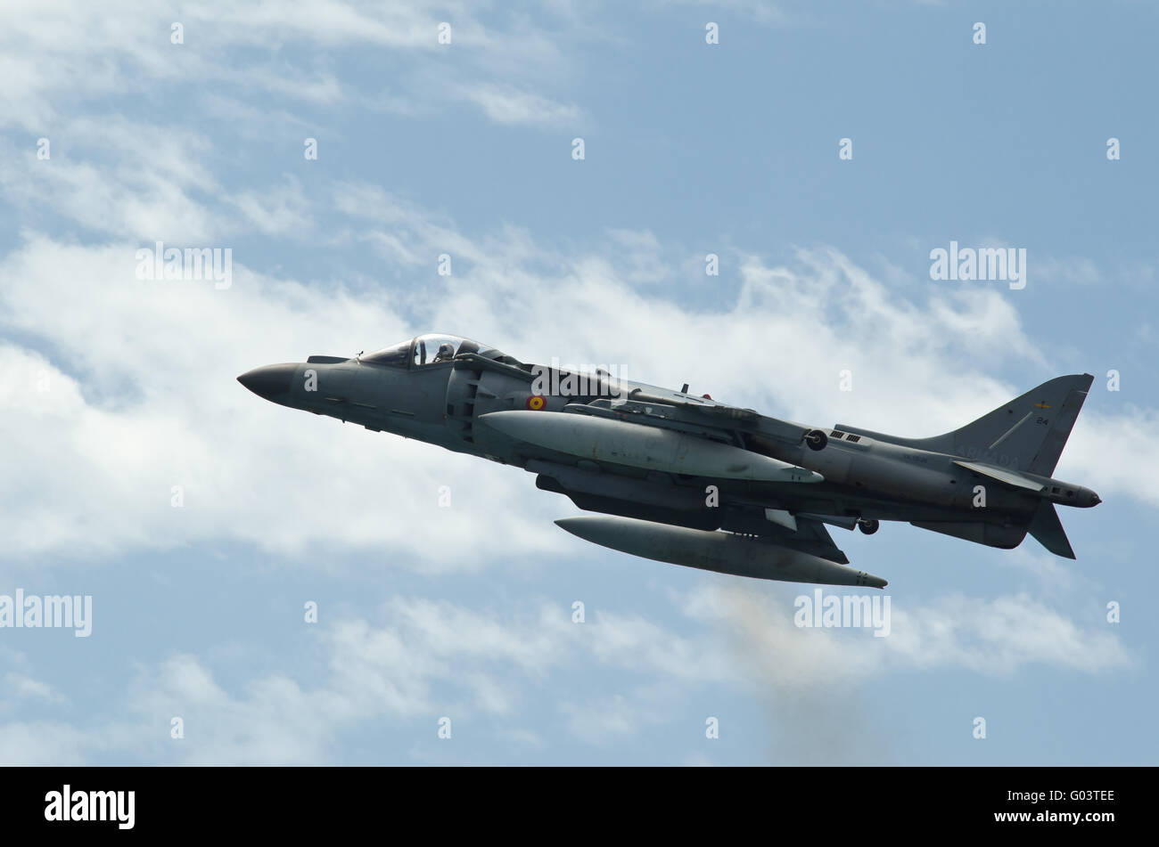 Malaga (Spain) - 28 May: Celebration of Armed Forces Day at the beach of La Malagueta. Aircraft AV-8B Plus Harrier II making a s Stock Photo