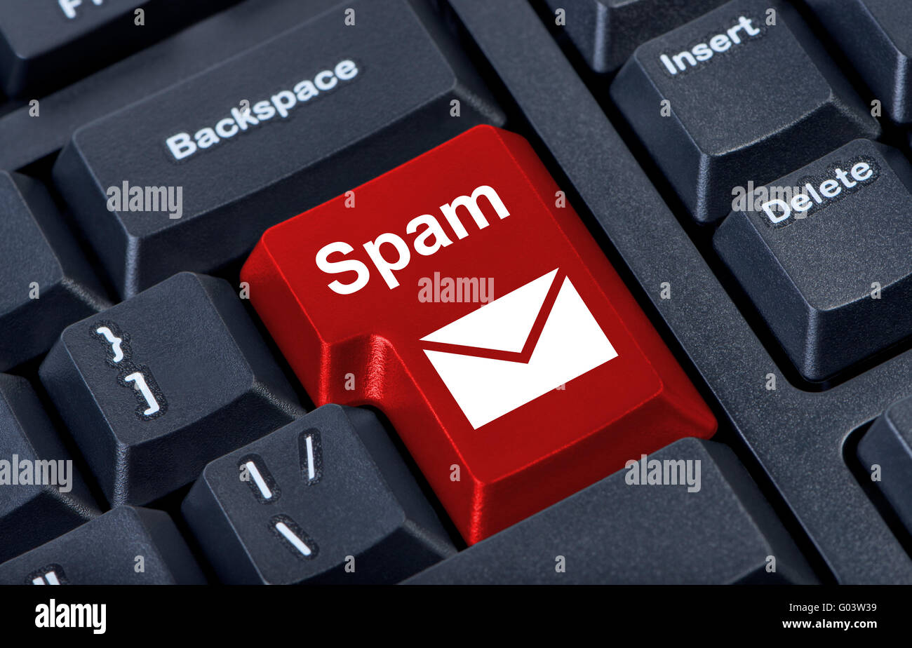 Red button spam with icon envelope, internet concept. Stock Photo