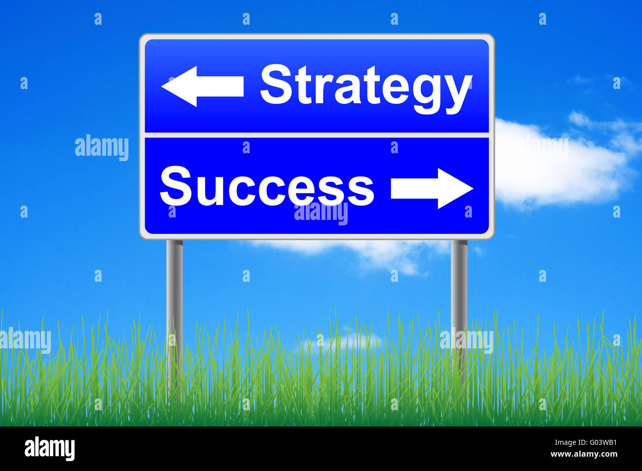 Strategy success roadsign on sky background, grass underneath. Stock Photo