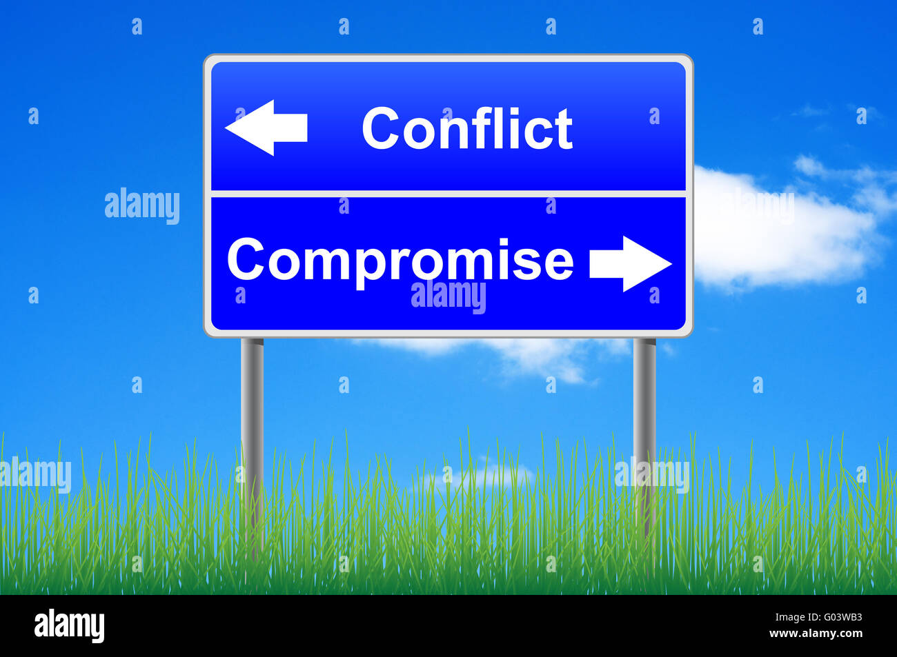 Conflict compromise roadsign on sky background, grass underneath. Stock Photo