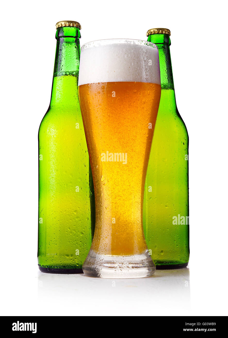 Bottles and full glass of beer isolated on white Stock Photo
