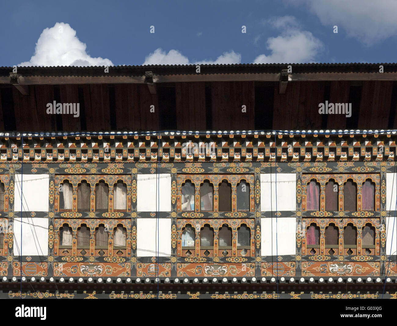 ornate windows in typical Bhutanese style, Thimphu Stock Photo