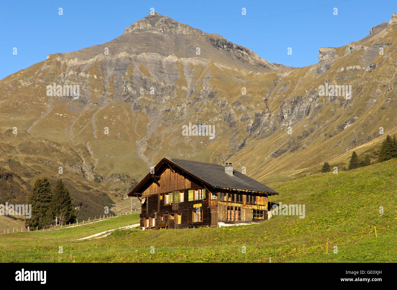 chalet on an alm beneath the Schilthorn peak Stock Photo