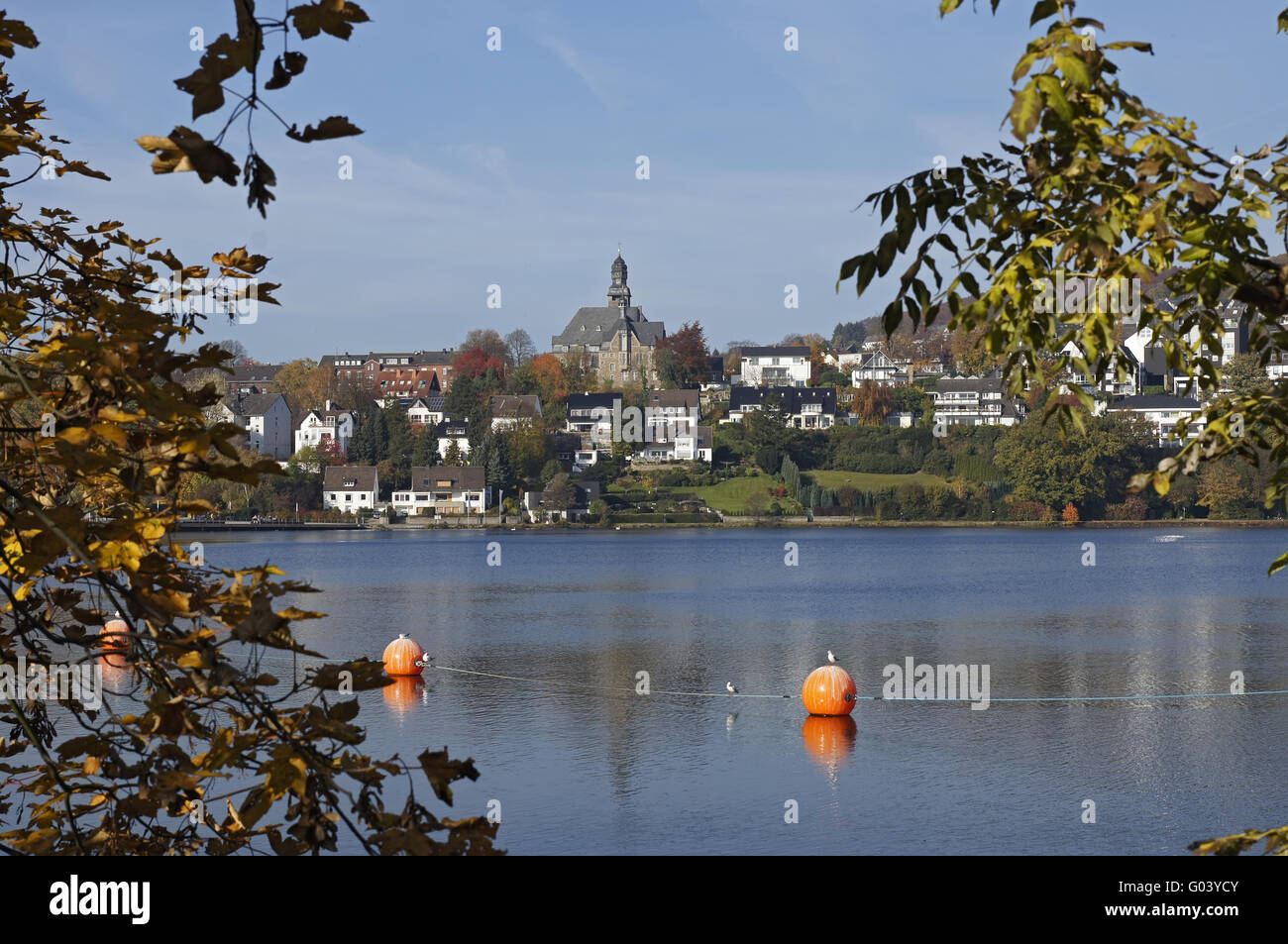 The city of Wetter an der Ruhr behind the river Ru Stock Photo
