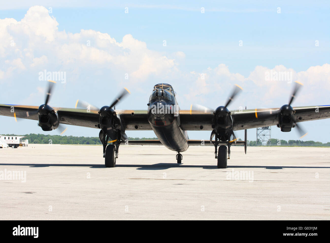 Four Engine Avro Lancaster with  started engines r Stock Photo