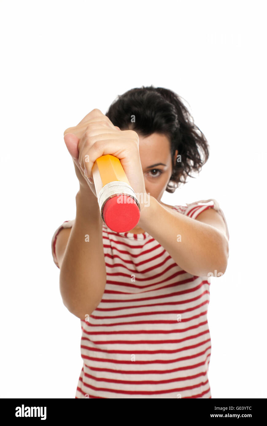 Young Woman With Big Pencil Eraser Rubber Isolated On White Background Stock Photo Alamy