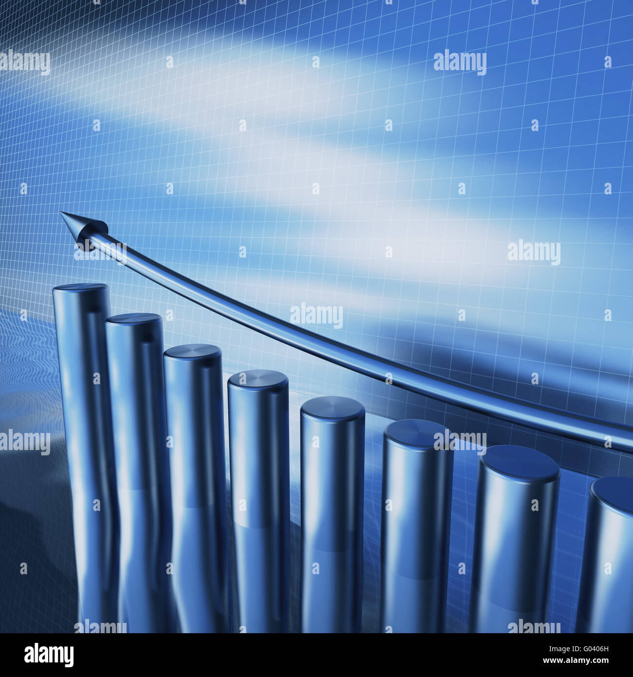 blue metallic columns of diagram with arrow on a w Stock Photo - Alamy