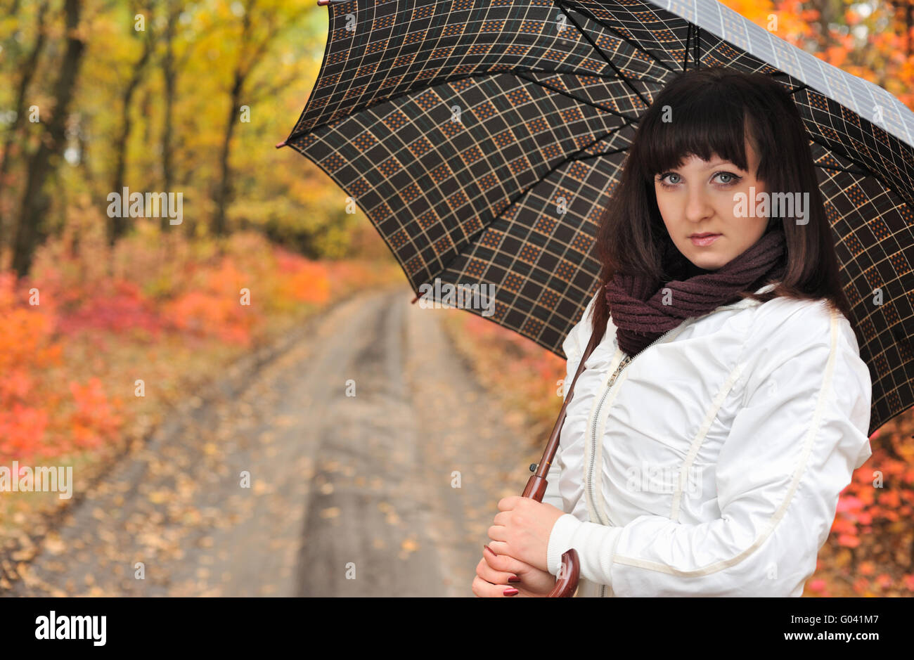 The girl in an autumn wood with a umbrella Stock Photo - Alamy