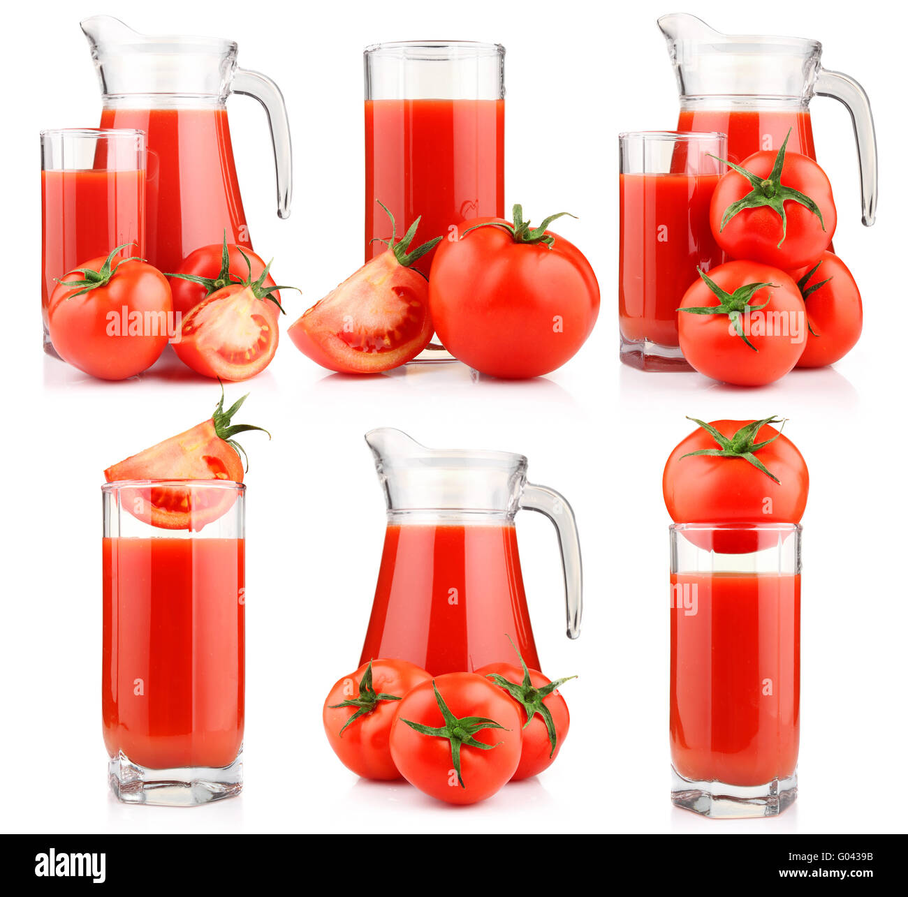 Set of tomatoes juice in pitcher with fruits isolated Stock Photo