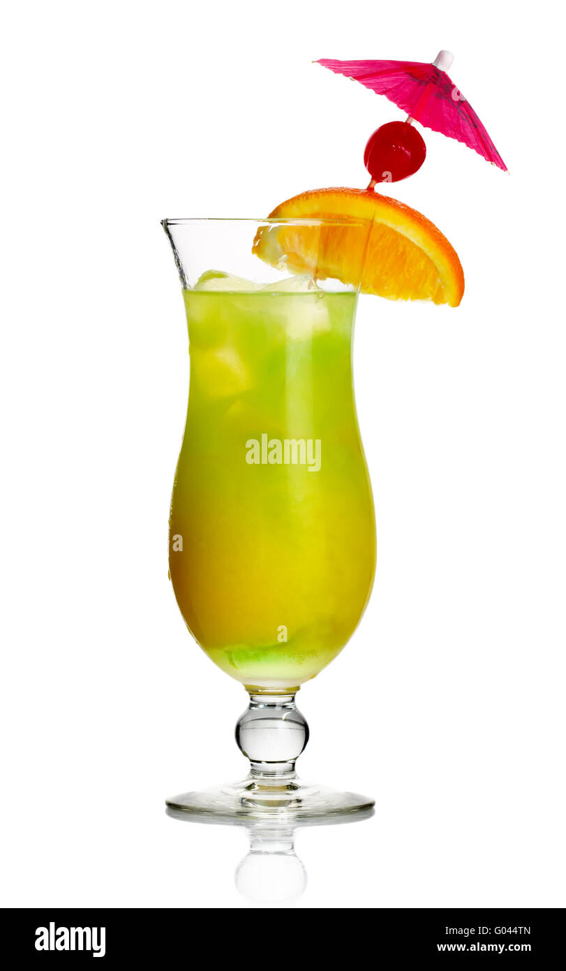 Yellow alcohol cocktail with orange slice and cherry isolated Stock Photo