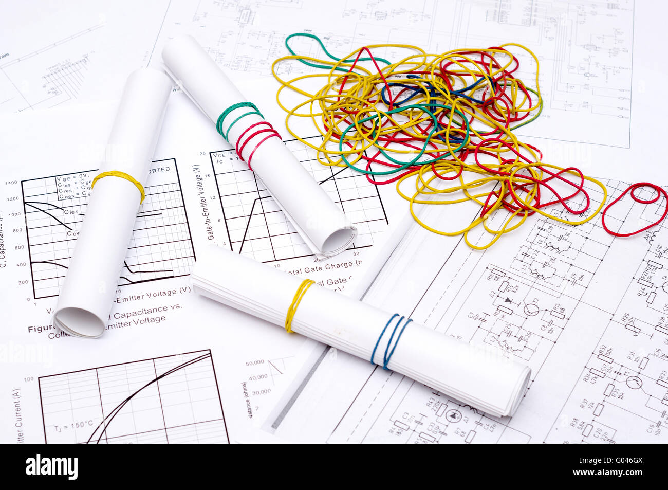 Electrical drawings with calculator, pencils and paper clips Stock
