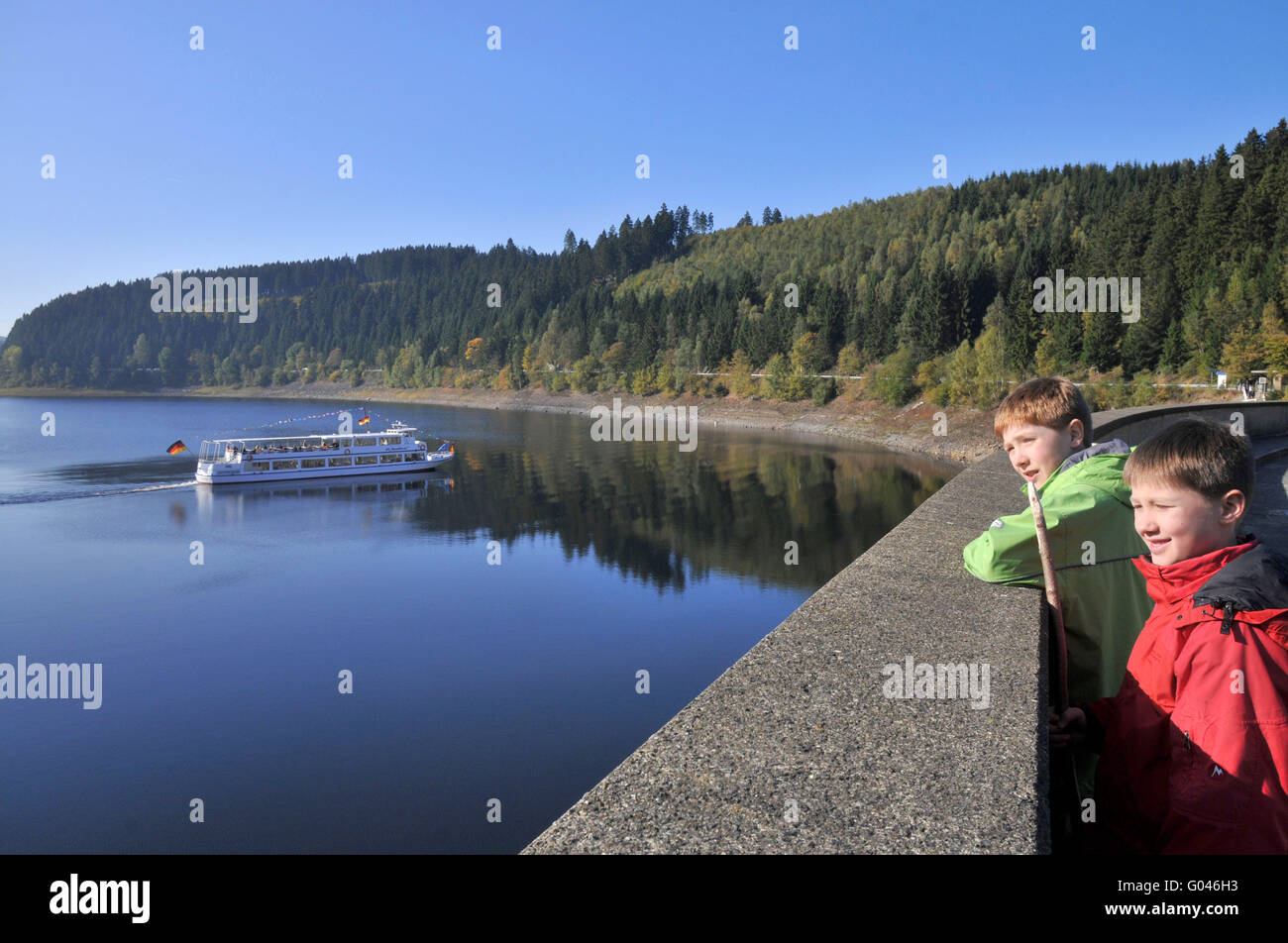 Oker Dam, retaining wall, excursion steamer MS Aqua Marin, Harz, Lower Saxony, Germany / Okertalsperre Stock Photo