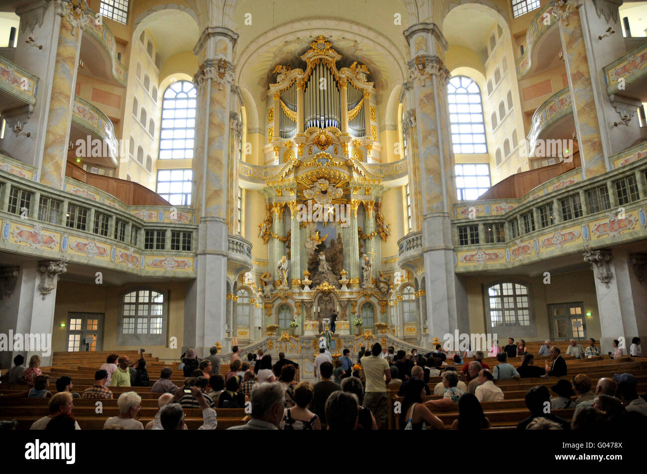 Organ, altar, Dresden Frauenkirche, Church of Our Lady, Dresden, Saxony, Germany / Dresdner Frauenkirche Stock Photo