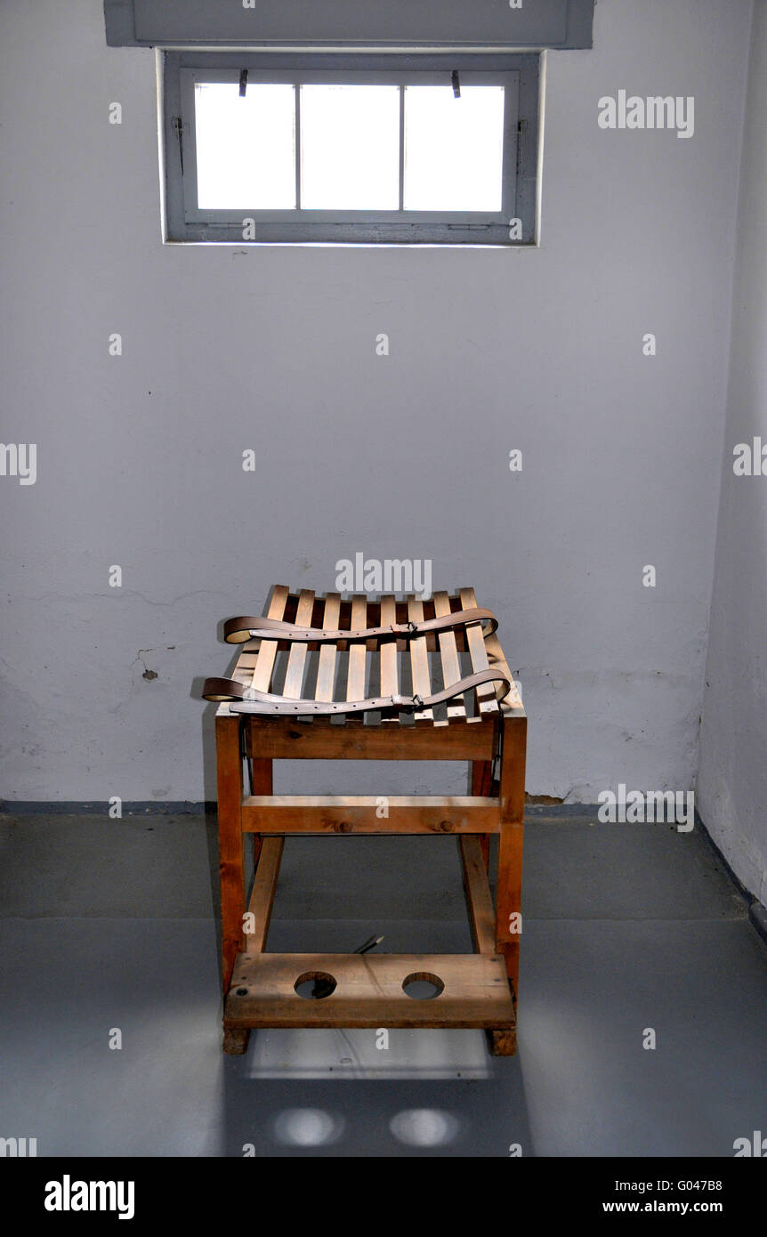 Beating rack, wood tick, penal rack, flogging, corporal punishment, camp prison, jail, cell tract, bunker, Concentration camp, Ravensbruck, near Furstenberg, Brandenburg, Germany / Ravensbrück Concentration camp, Konzentrationslager Ravensbrück, KZ, Fürst Stock Photo