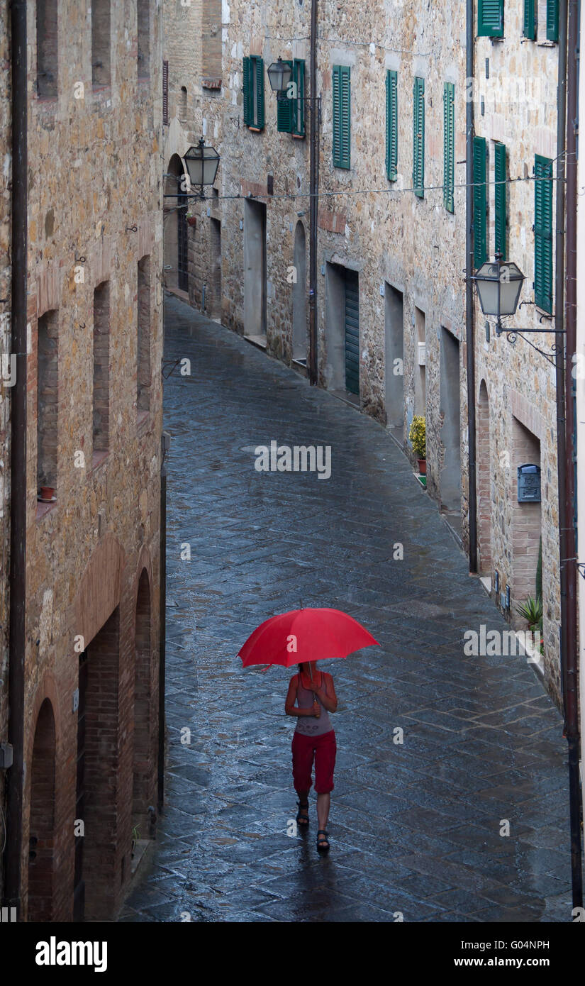 red umbrella in the rain Stock Photo