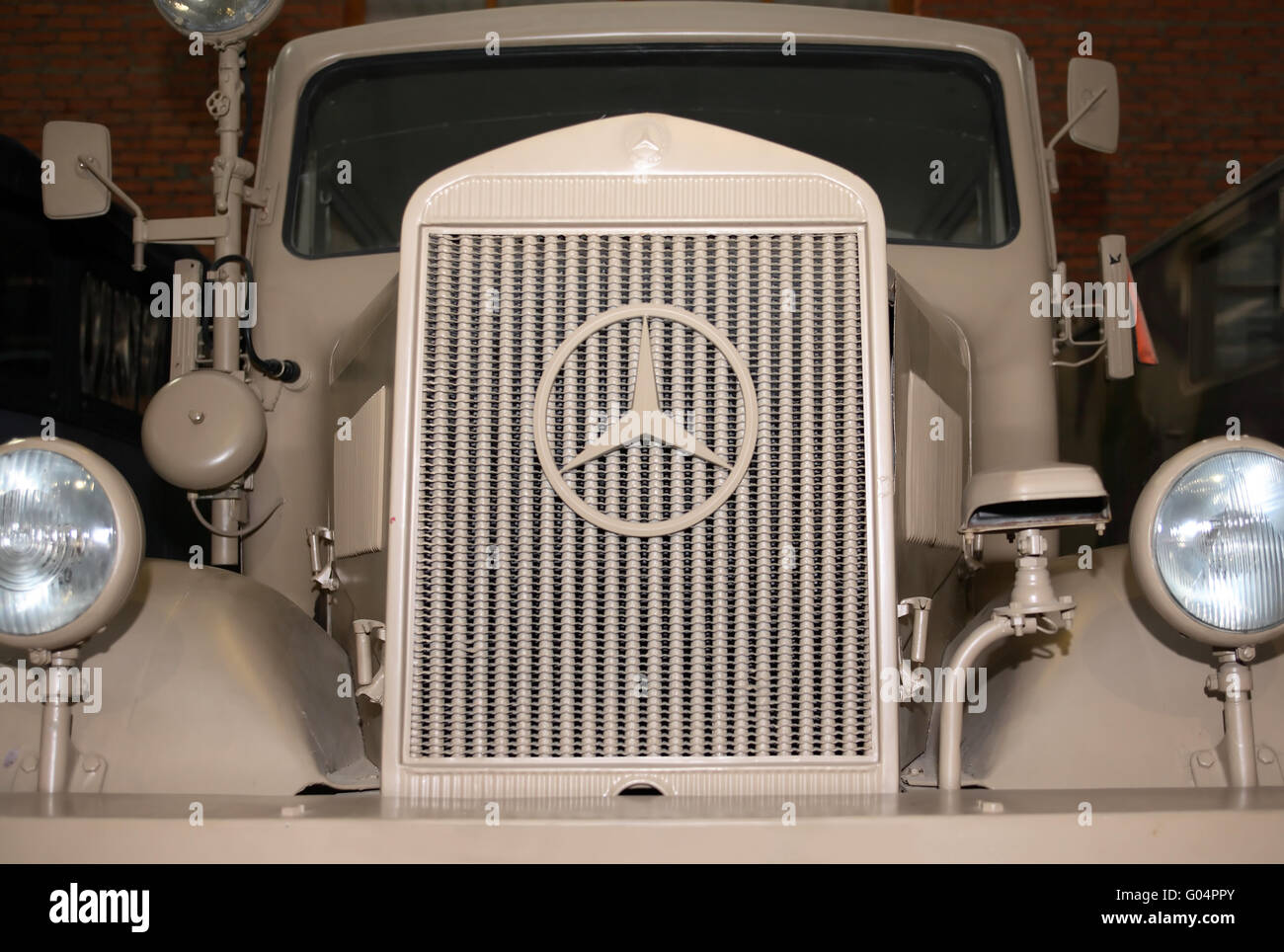 CHERNOGOLOVKA, RUSSIA - APRIL 11, 2015: Closeup of radiator grille and emblem of old Mercedes-Benz truck Stock Photo