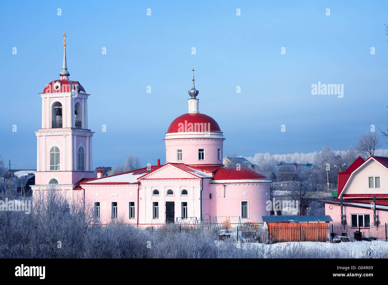 Nice old Russian Christianity church against blue sky at winter Stock Photo