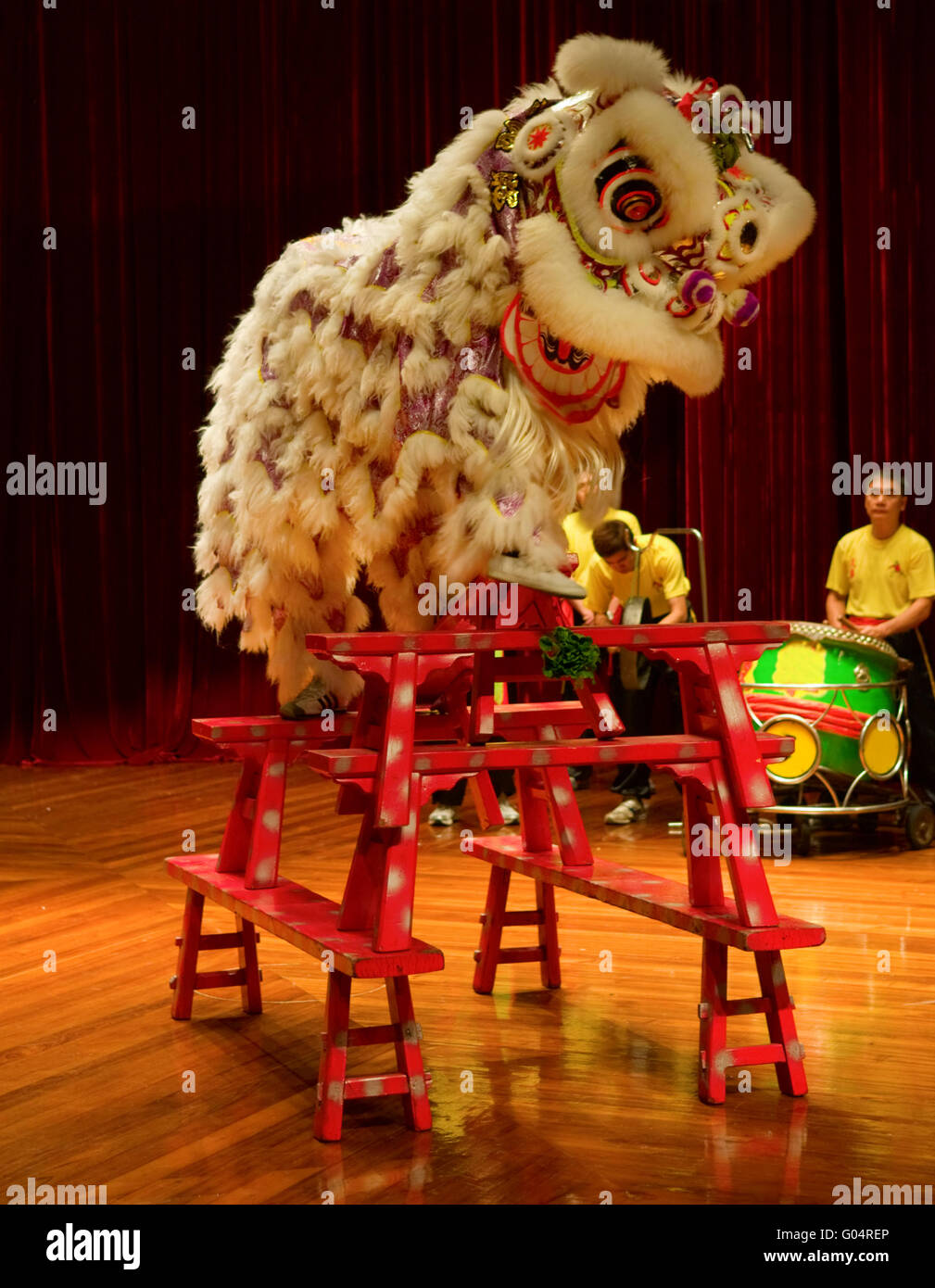 MACAU - APRIL 25: The traditional Chinese lion dance on stage Stock Photo