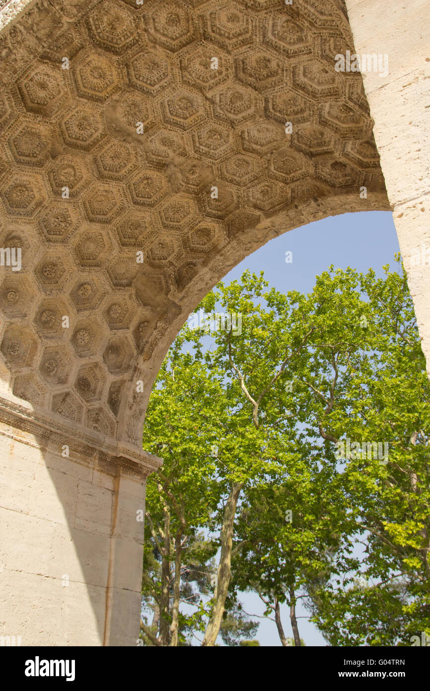 A detailed view at the decoration of the Triumphal arch (Glanum, Provence, France) Stock Photo