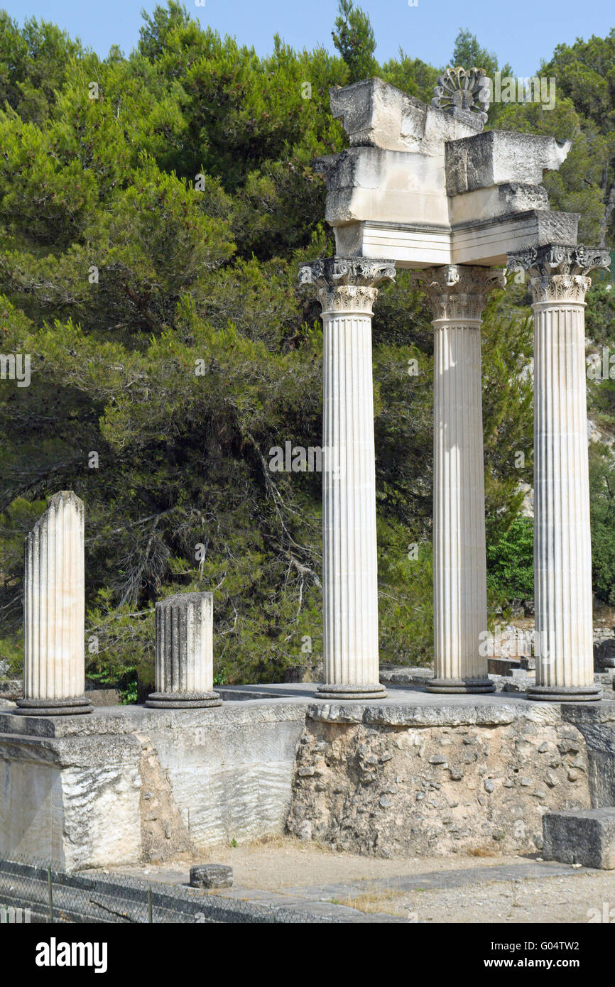 Restored columns of twin Corinthian temple in first Roman Forum of Glanum (Provence, France) Stock Photo