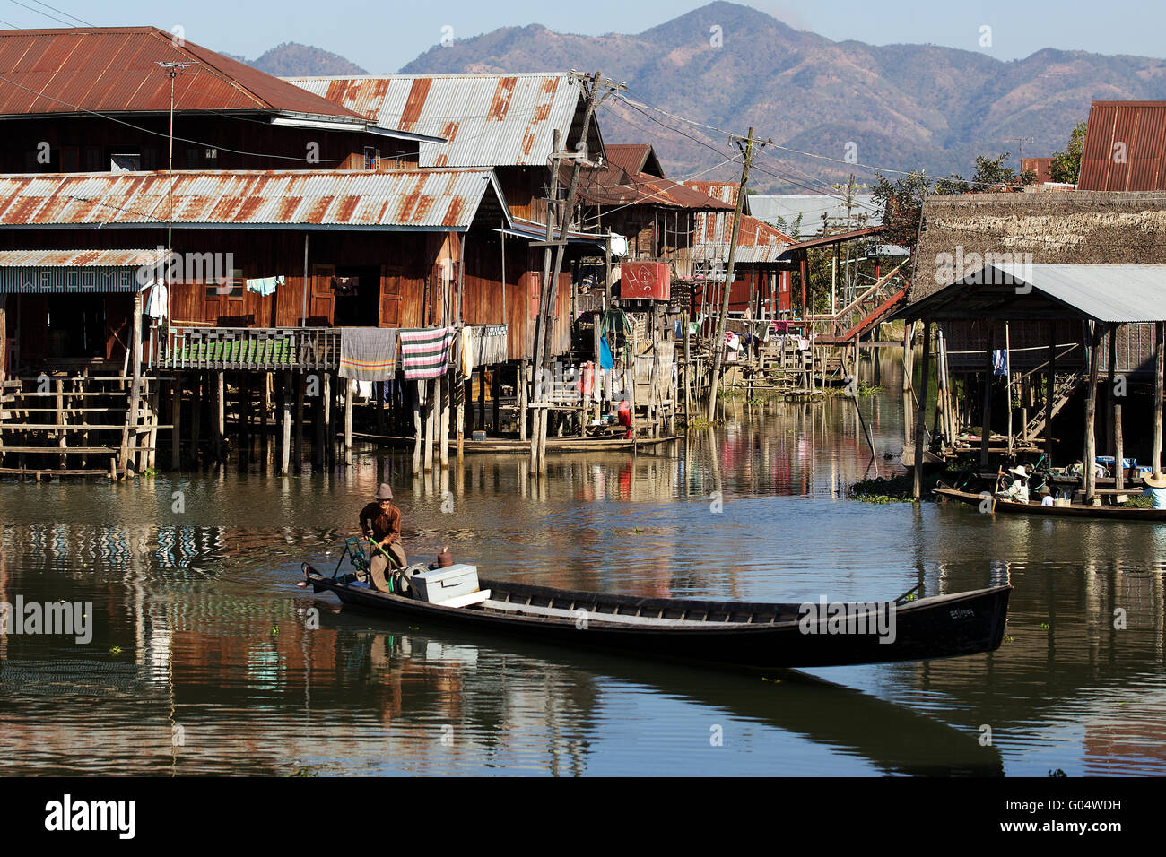 Floating Villages at the Inle Lake Stock Photo