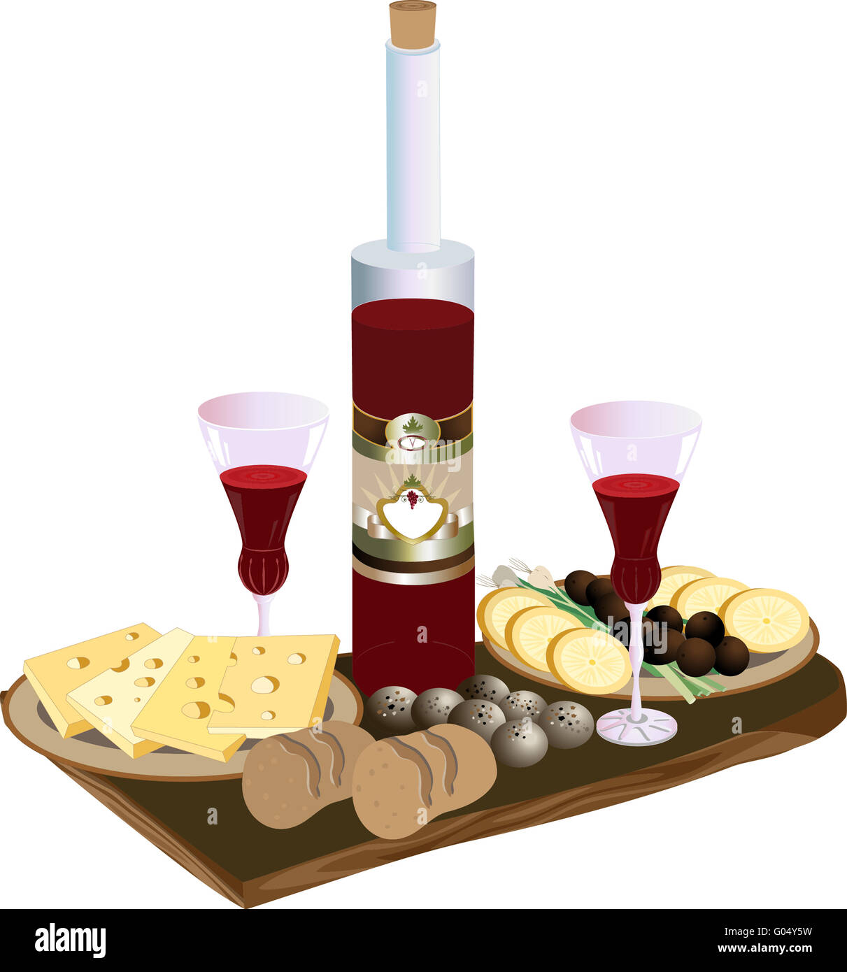 Bottle of red wine glasses, cheese and quail eggs Stock Photo Alamy