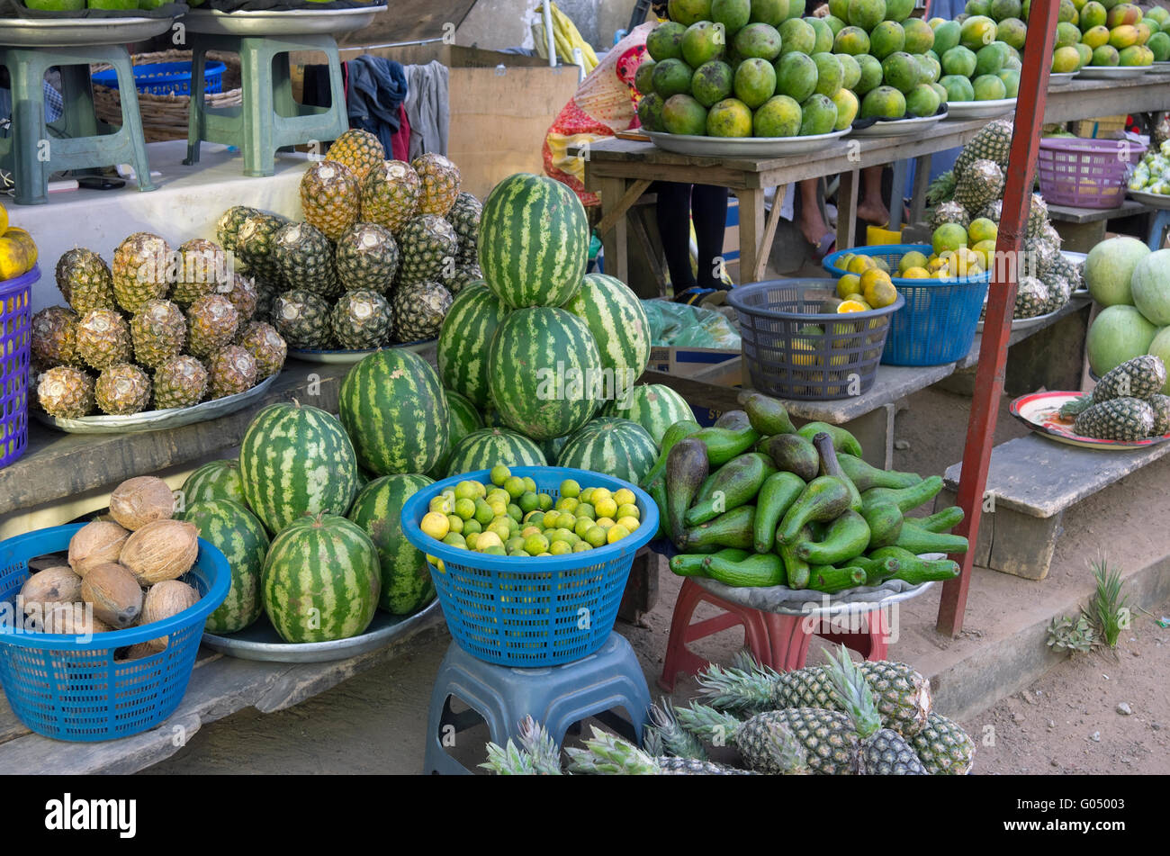 Retail trade in exotic fruit and vegetables on one of streets of the capital of Ghana Stock Photo