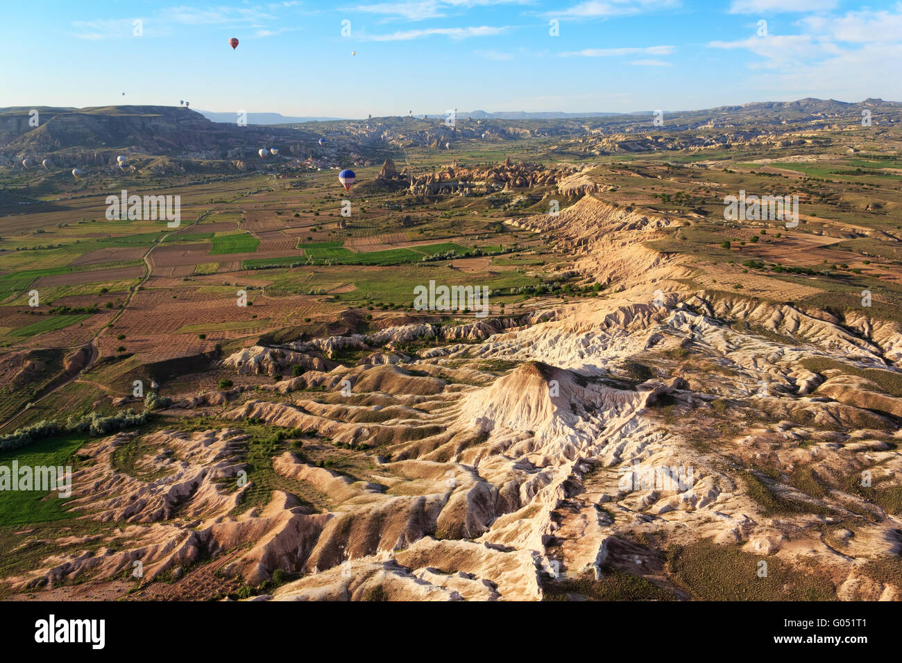 Hot air balloon flying over Cappadocia, Turkey Stock Photo