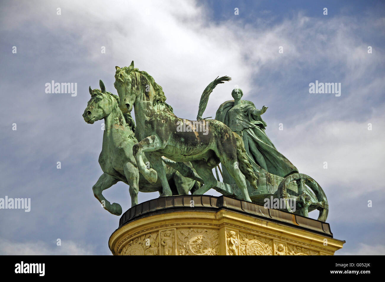 Heroes' Square in Budapest. Horse-drawn chariots o Stock Photo