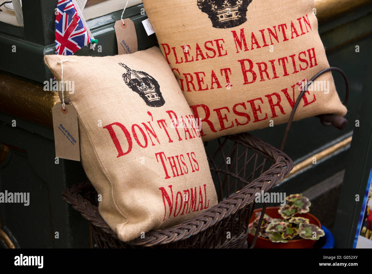 UK, England, Yorkshire, Haworth 40s Weekend, Main Street, ‘Don’t Panic’, hessian cushions Stock Photo