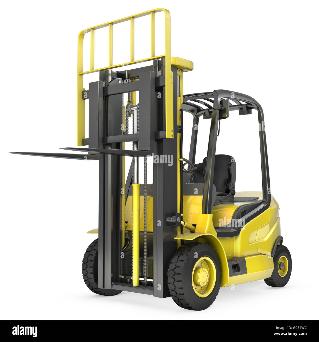 Yellow fork lift truck with raised fork, front view Stock Photo - Alamy