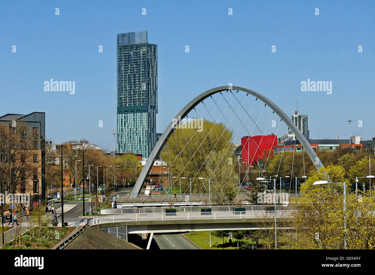 Older (2017) Manchester skyline from south with Hulme Arch & part of Manchester Metropolitan University on left. Newer 2021 shots available by myself. Stock Photo