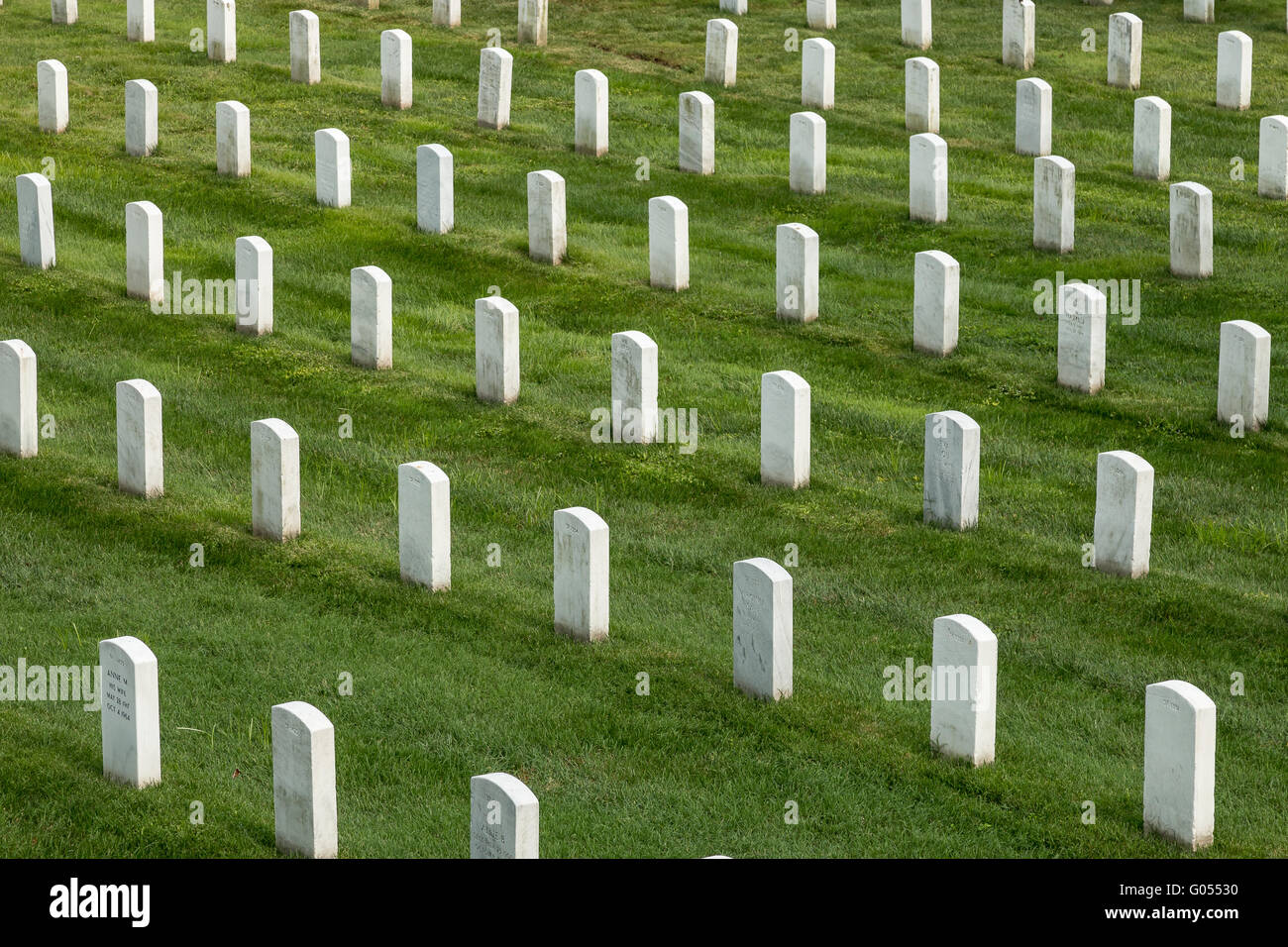 Rows of white headstones marking graves in Arlington National Cemetery, near Washington DC. Stock Photo