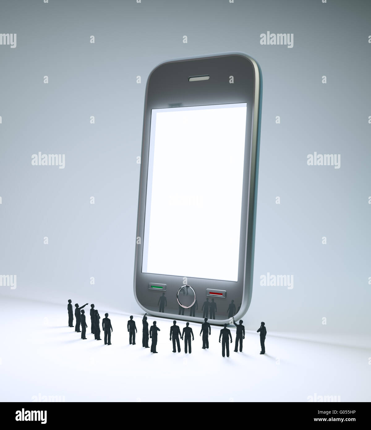 group of tiny people looking at a smartphone screen Stock Photo