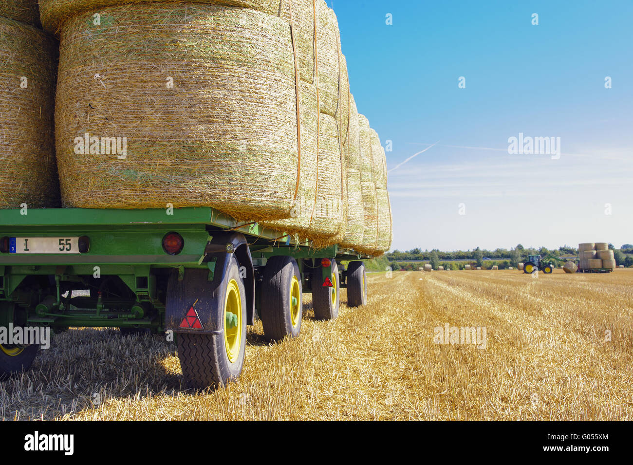 stacked straw bales are to be transported on a tra Stock Photo