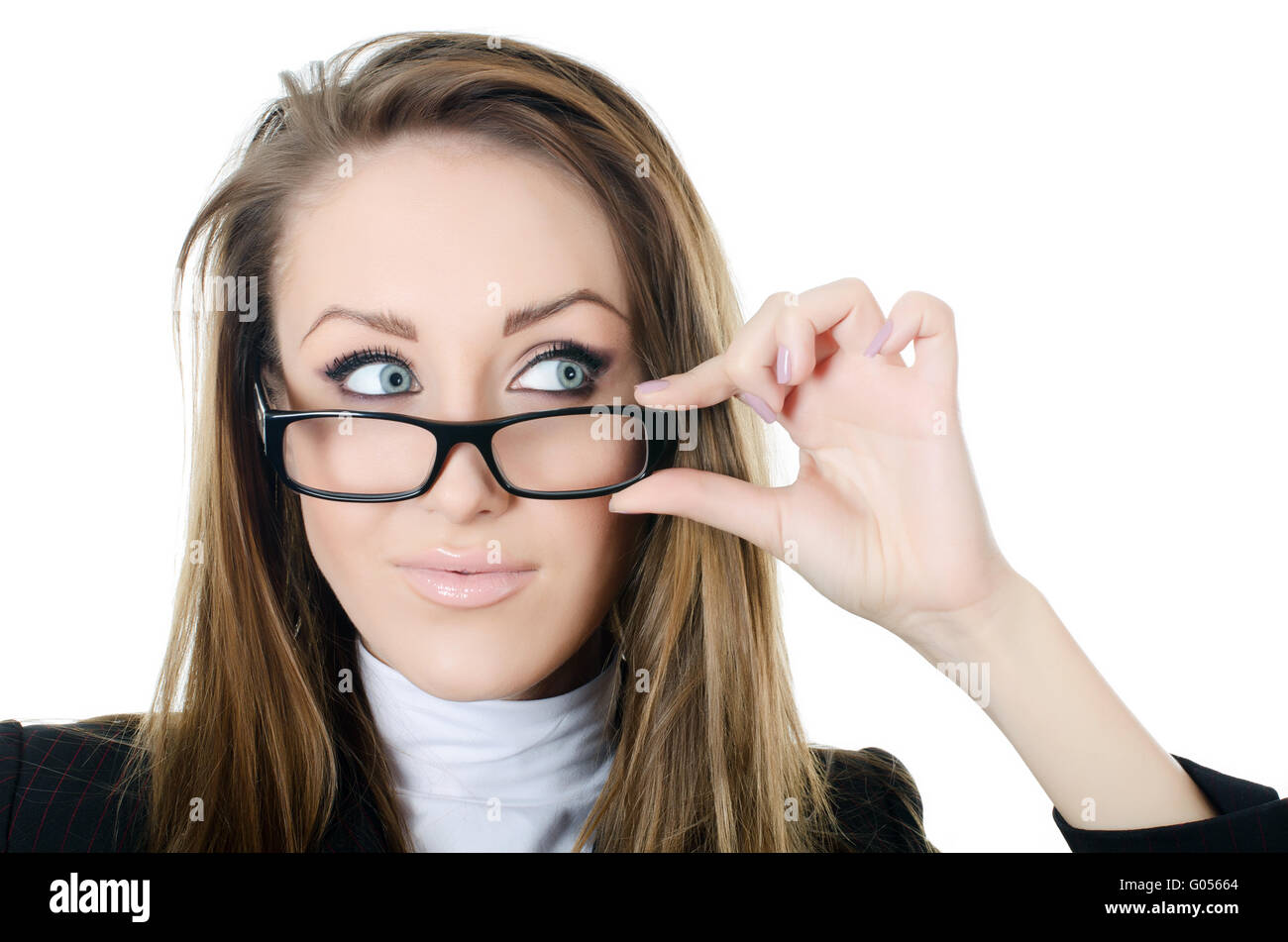 The business woman in glasses looks sideways isolated Stock Photo