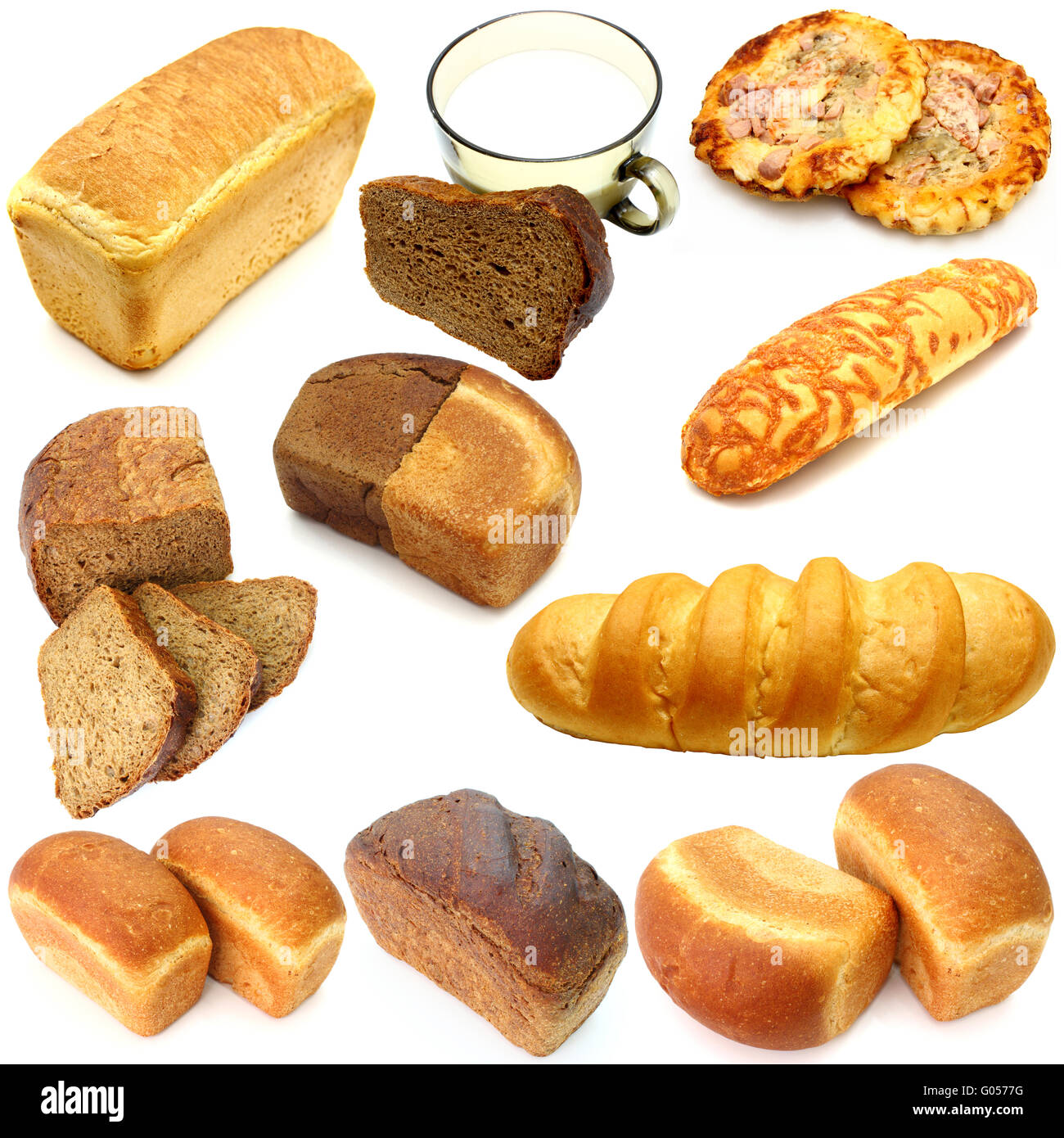 Assortment of different types of bread isolated on white background Stock Photo