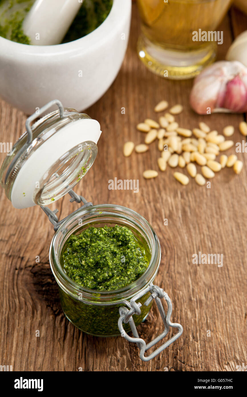 Ramsons pesto in glass on a wooden table Stock Photo