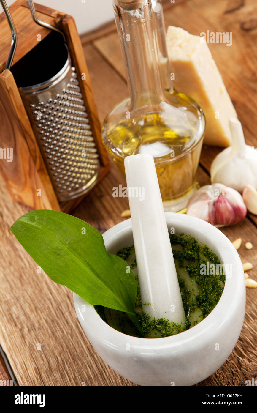 Homemade wild garlic pesto with fresh ingredients Stock Photo