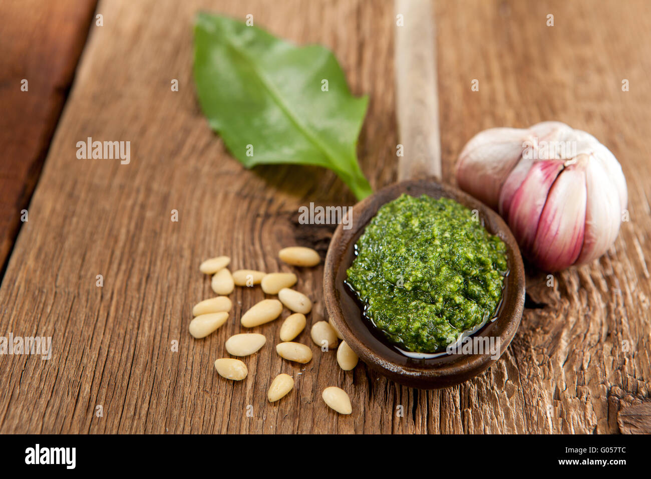 Pesto of wild garlic, garlic, pine nuts, olive oil and Parmesan Stock Photo