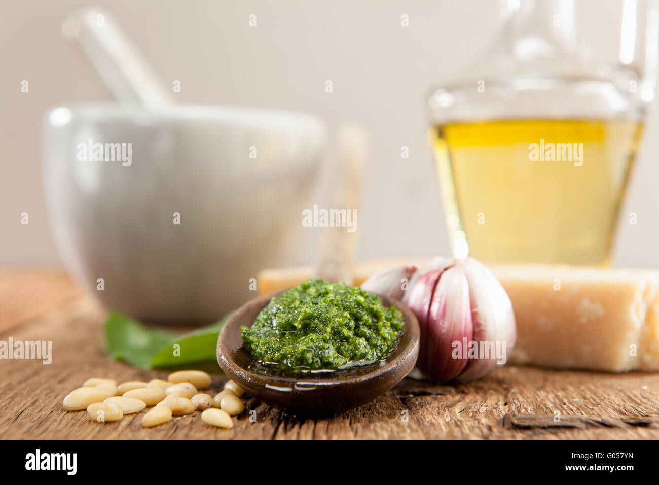 Homemade Pesto of Ramsons with all ingredients Stock Photo