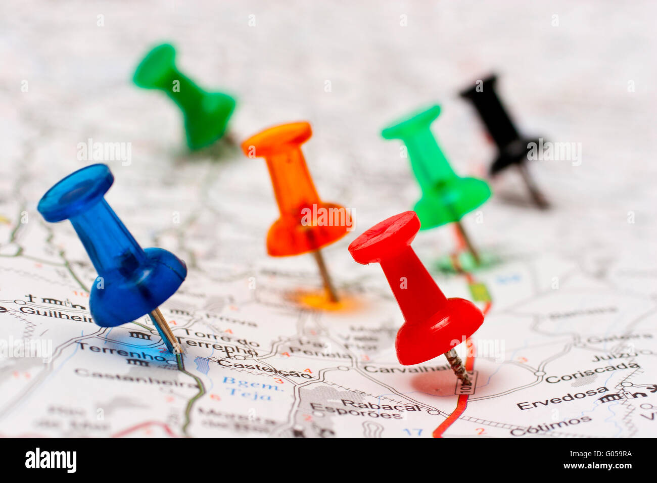 Thumbtack in a Road Map with a Selective Focus Stock Photo