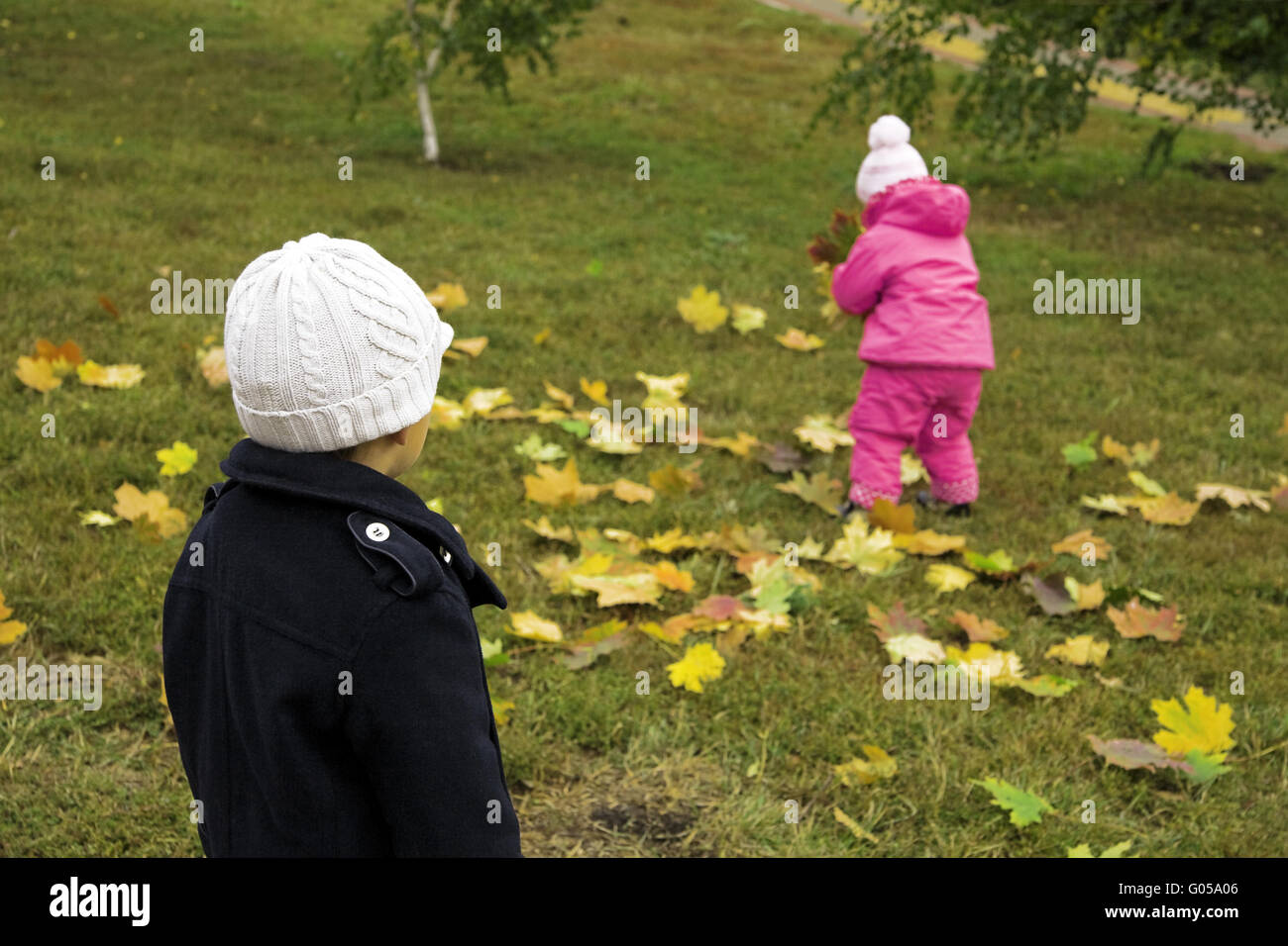 love is... look at girl, who collecting leaves Stock Photo