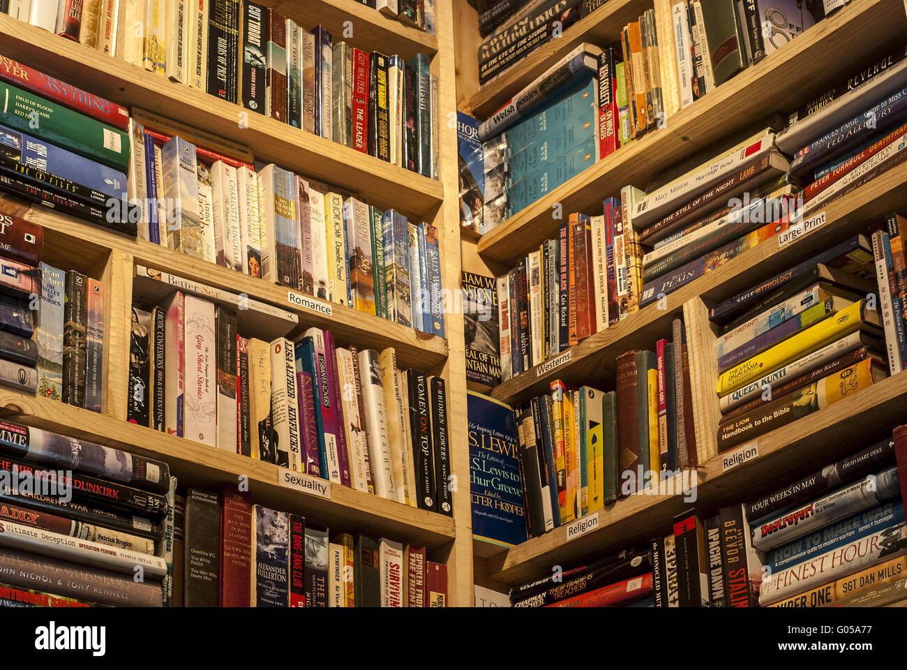Second-hand bookstore shelves corner horizontal sy Stock Photo